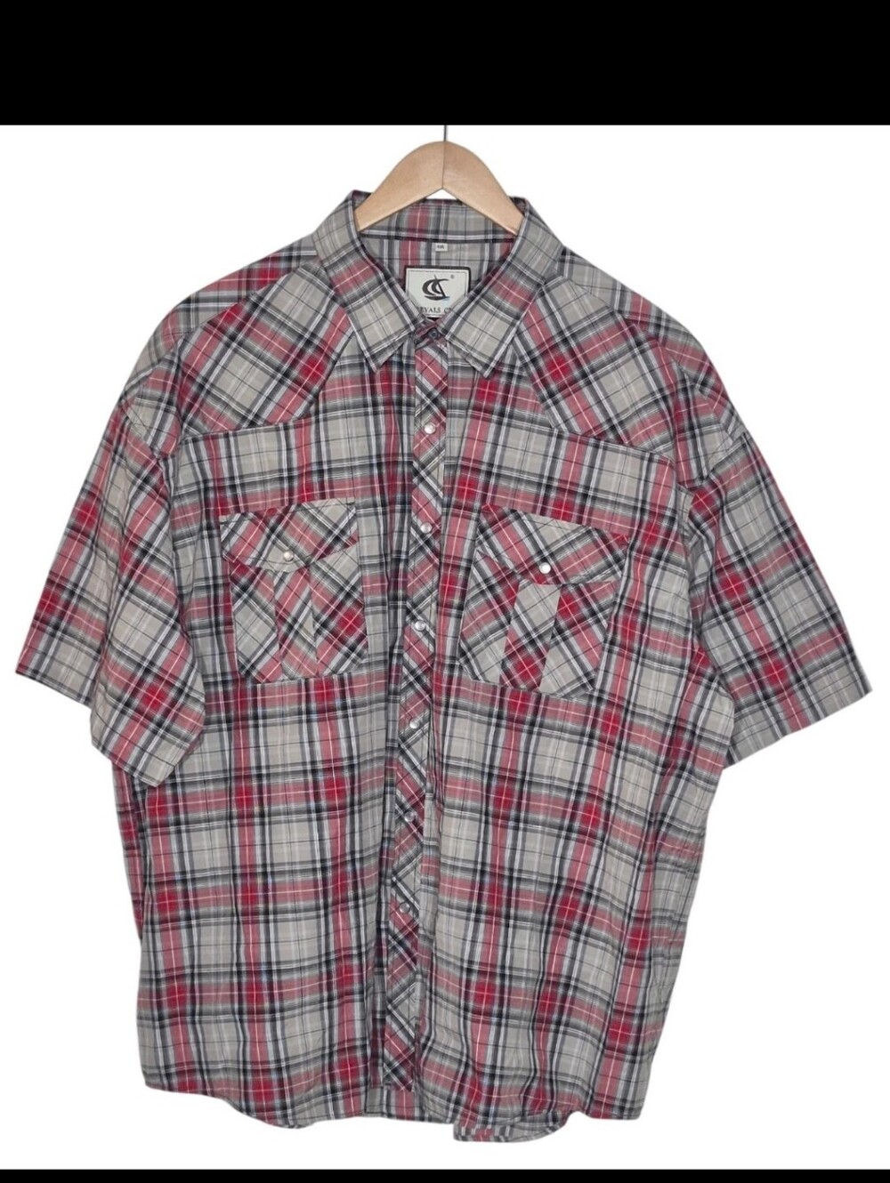 Western Pearl Snap Gray Red Plaid Shirt 4XL Mens Short Sleeve Coevals Club Big